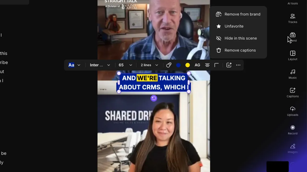 Riverside editor showing a captions block with the three-dot menu open (brand options visible).