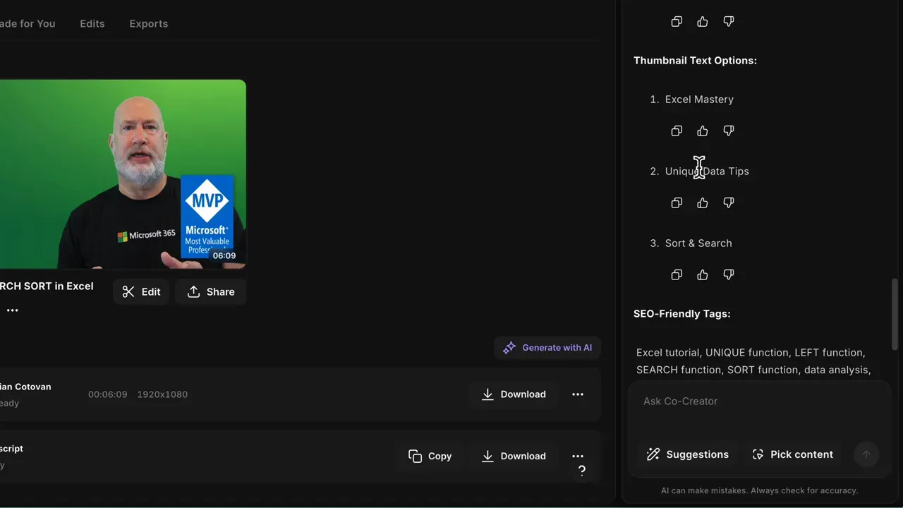 Riverside CoCreator window showing 'Thumbnail Text Options' with suggested phrases and a video preview thumbnail.