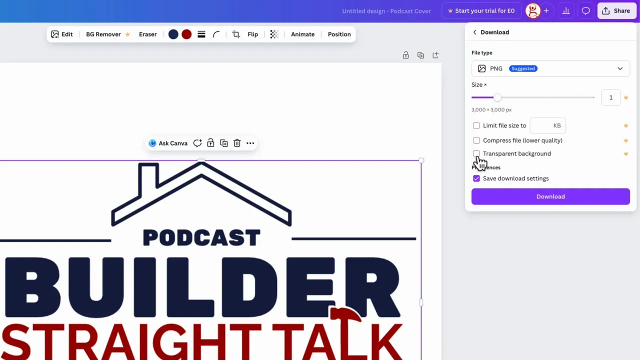 Canva download dialog with PNG chosen and the 'Transparent background' checkbox highlighted
