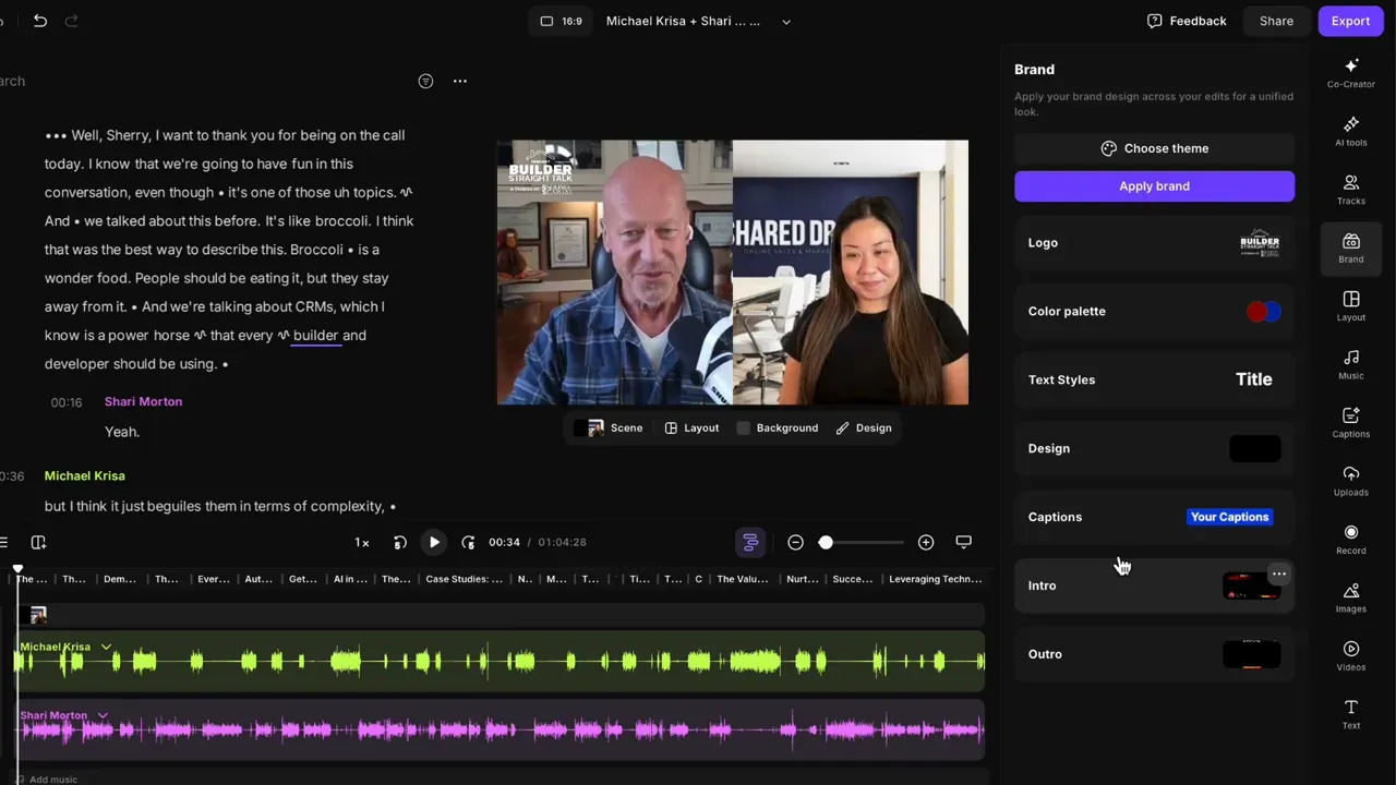 Riverside editor showing the Brand sidebar with Apply brand button, logo and color palette options