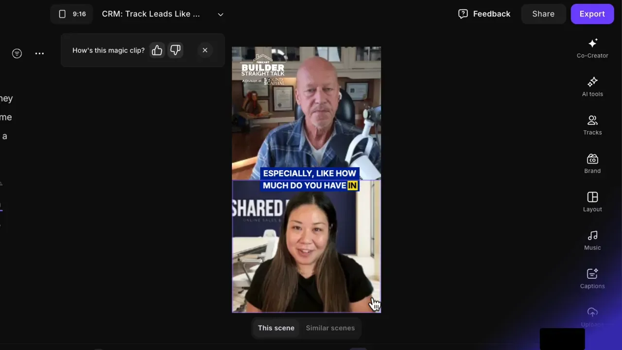 Riverside editor vertical 9:16 preview showing two stacked speakers with a blue boxed caption in the middle and the editor toolbar visible on the right.