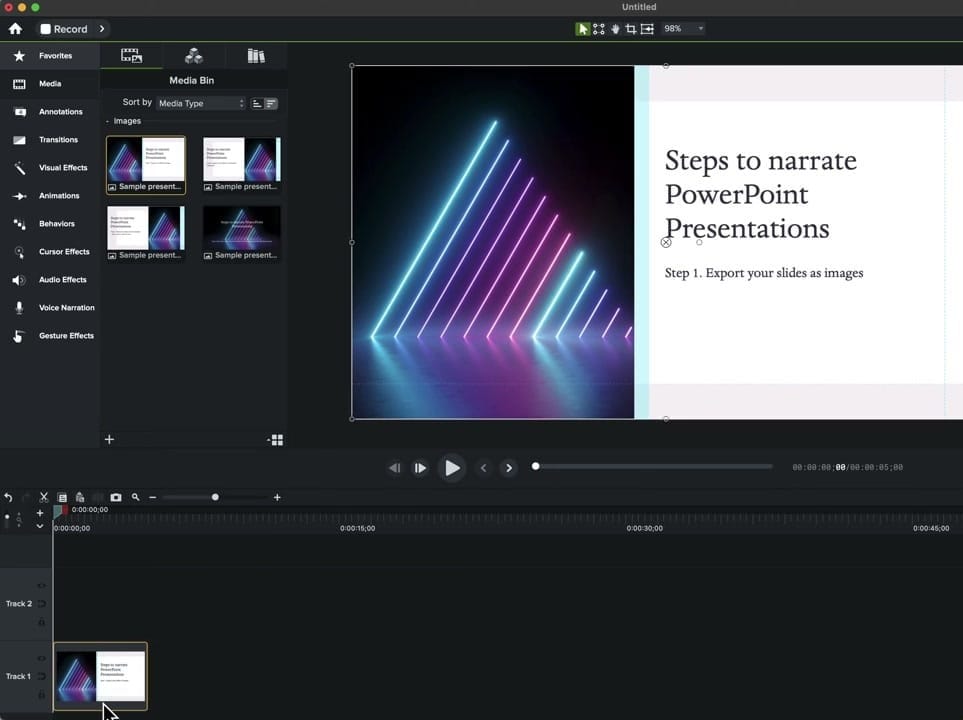 First slide placed on the Camtasia timeline