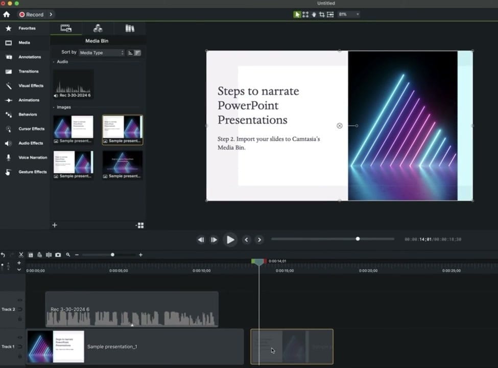 Second slide added to the timeline with narration