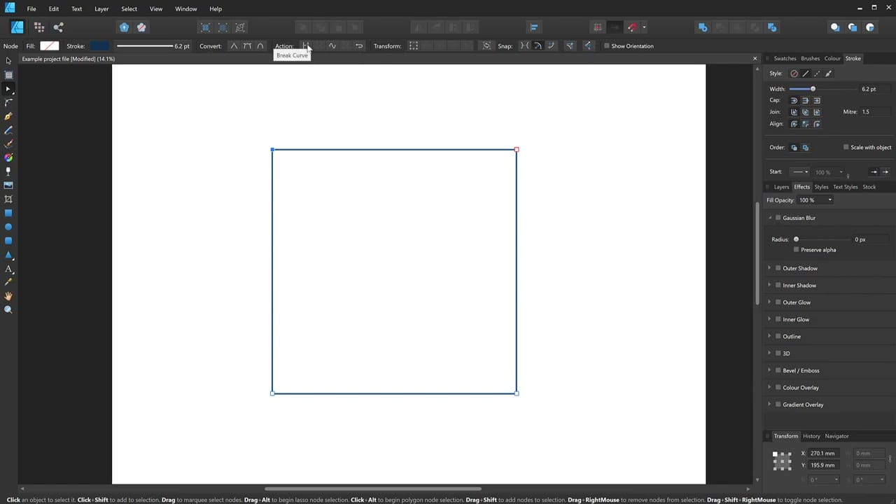 Affinity Designer Node tool with Break Curve action visible in the toolbar, square shape with corner node selected