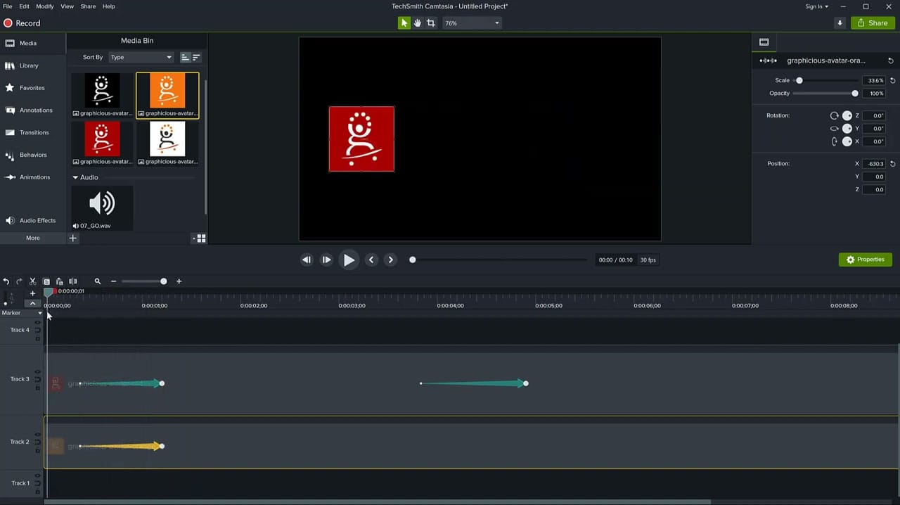 Camtasia animation tooltip showing Start Time and Duration properties