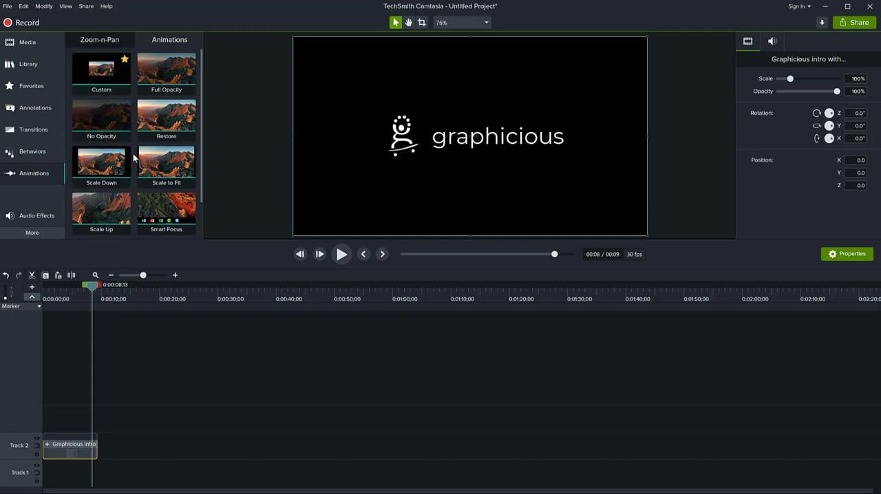 Camtasia Animations panel showing preset animations