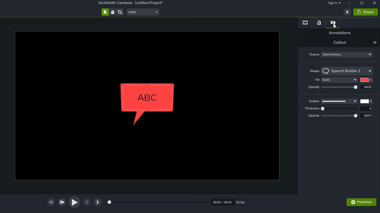 Annotations properties panel in Camtasia showing shape, fill color, opacity, and outline settings for a selected callout