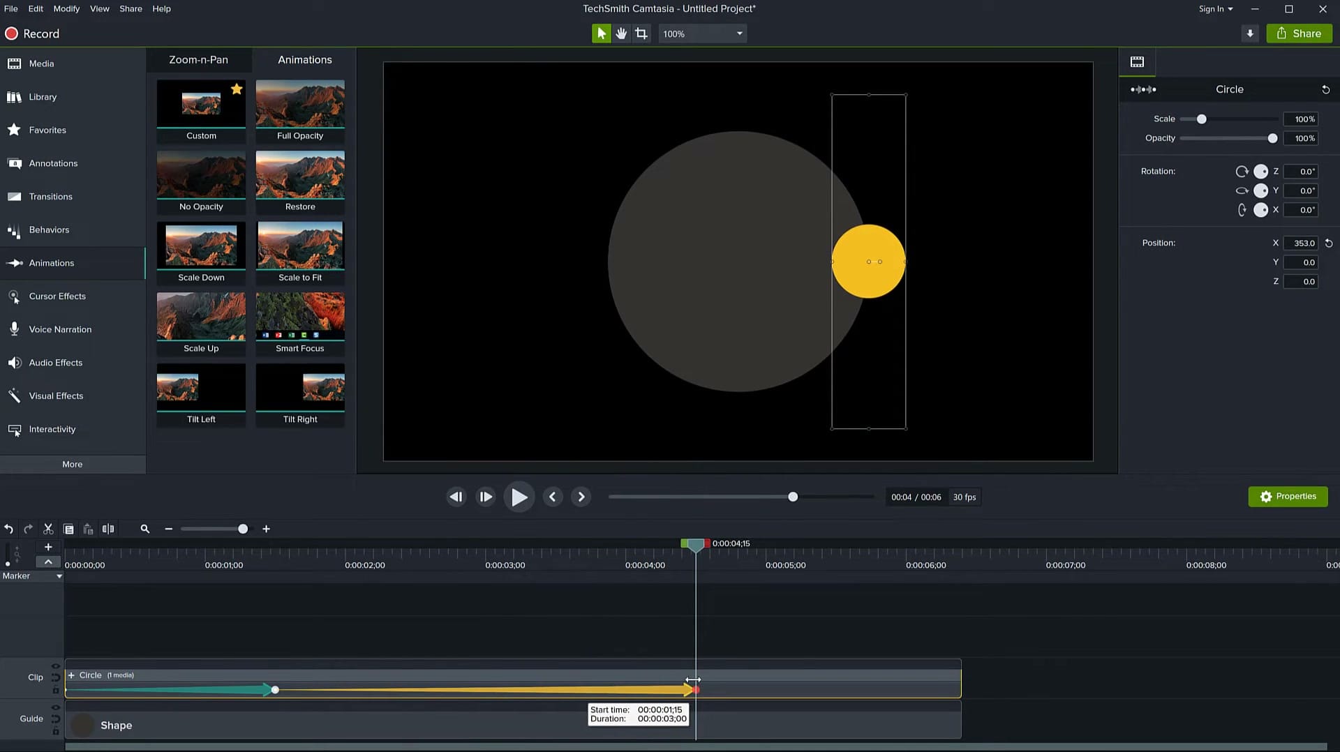 Circle group with position keyframes in Camtasia showing X position 353.0