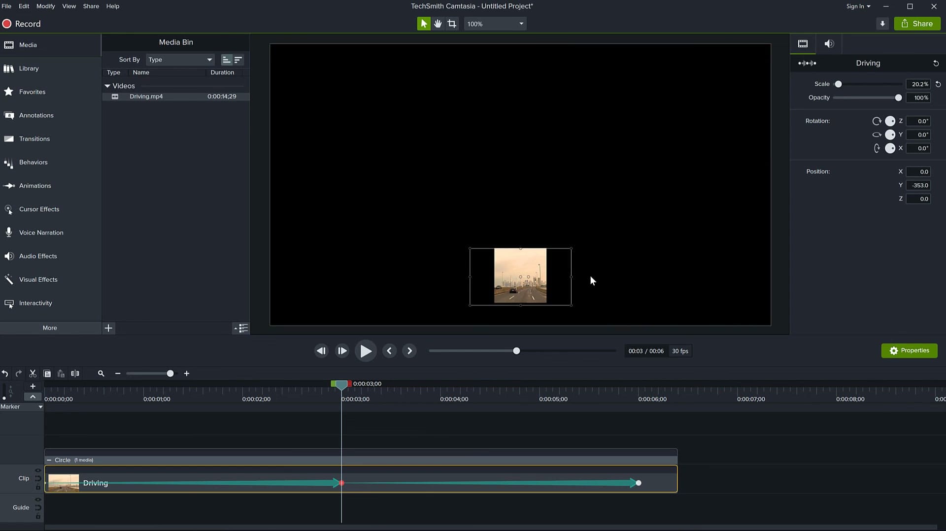 Video clip replacing the shape in Camtasia circle animation, scaled to 20.2 percent