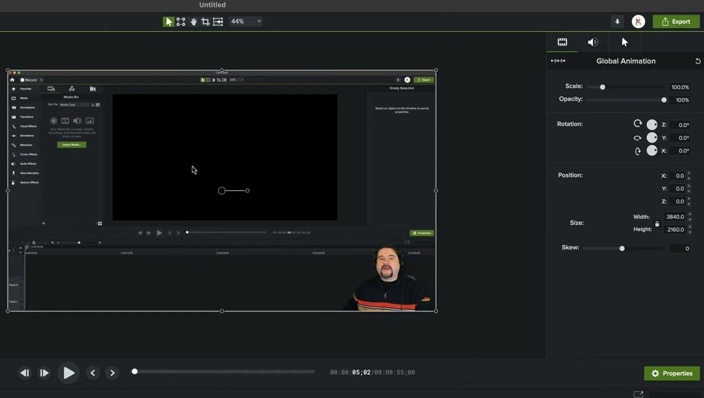 Camtasia workspace showing Custom animation applied with Global Animation properties panel on the right displaying Scale, Opacity, Rotation, Position, and Size controls
