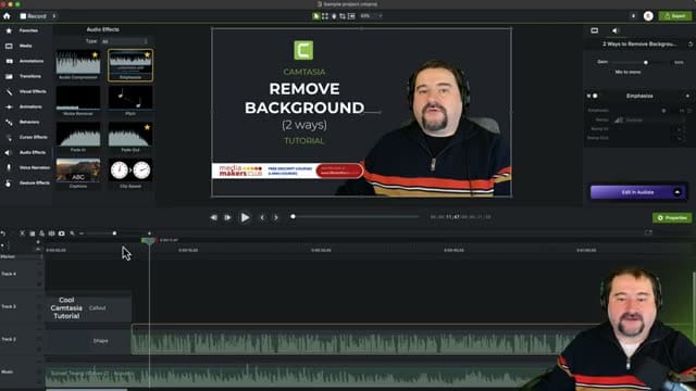 Camtasia workspace with Emphasize effect applied, Audio Effects panel open, and timeline showing effect on tracks
