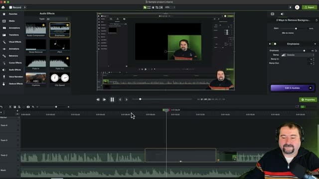 Camtasia Emphasize properties panel on the right with video preview and Audio Effects panel