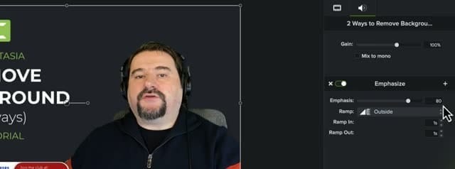 Camtasia Emphasize properties panel showing Emphasis slider at 80, Ramp set to Outside, and Ramp In/Out controls
