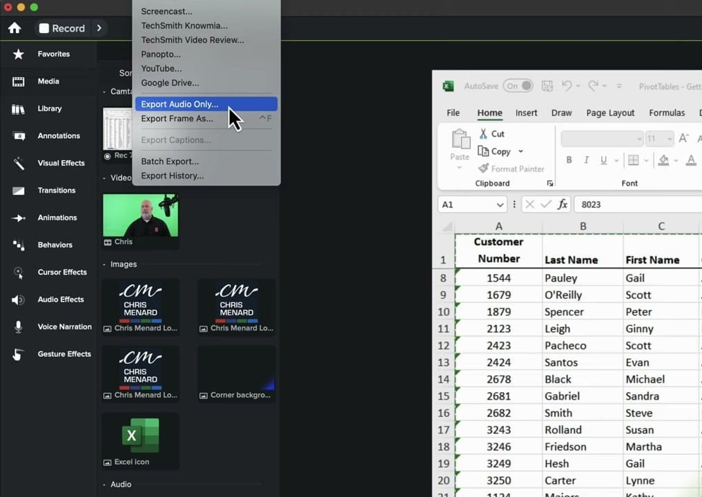Camtasia Export menu with Export Audio Only option highlighted