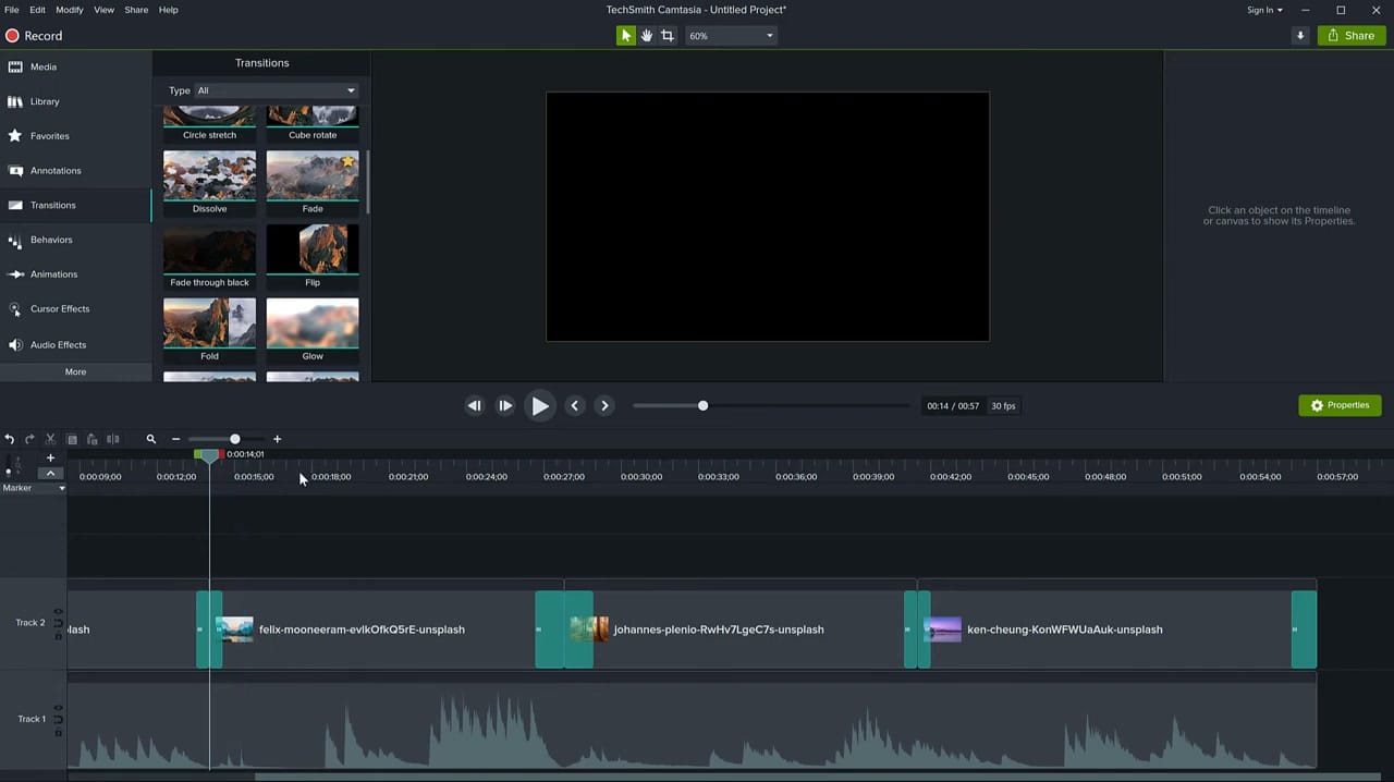 Camtasia Transitions panel showing Fade through black option with four clips on the timeline