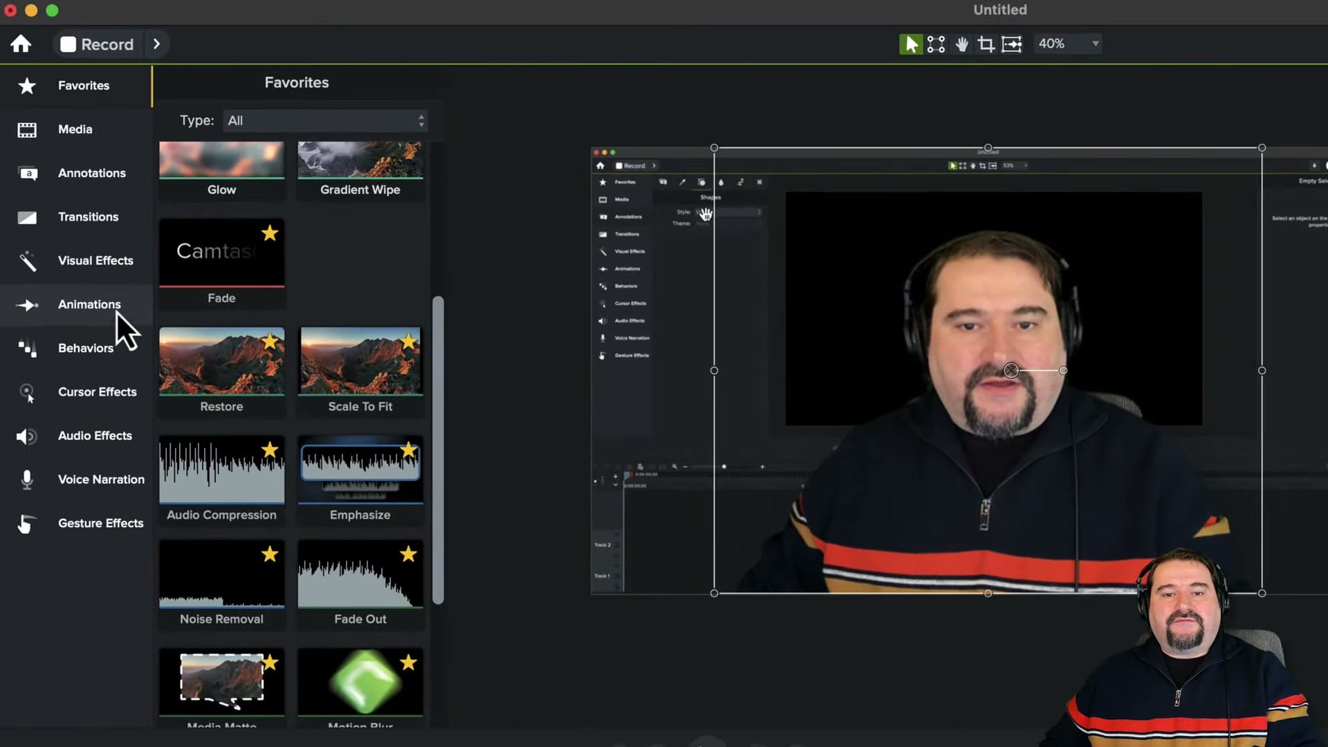 Camtasia Favorites panel showing starred effects including Glow, Gradient Wipe, Fade, Scale to Fit, Audio Compression, Emphasize, Noise Removal, Fade Out, Media Matte, and Motion Blur