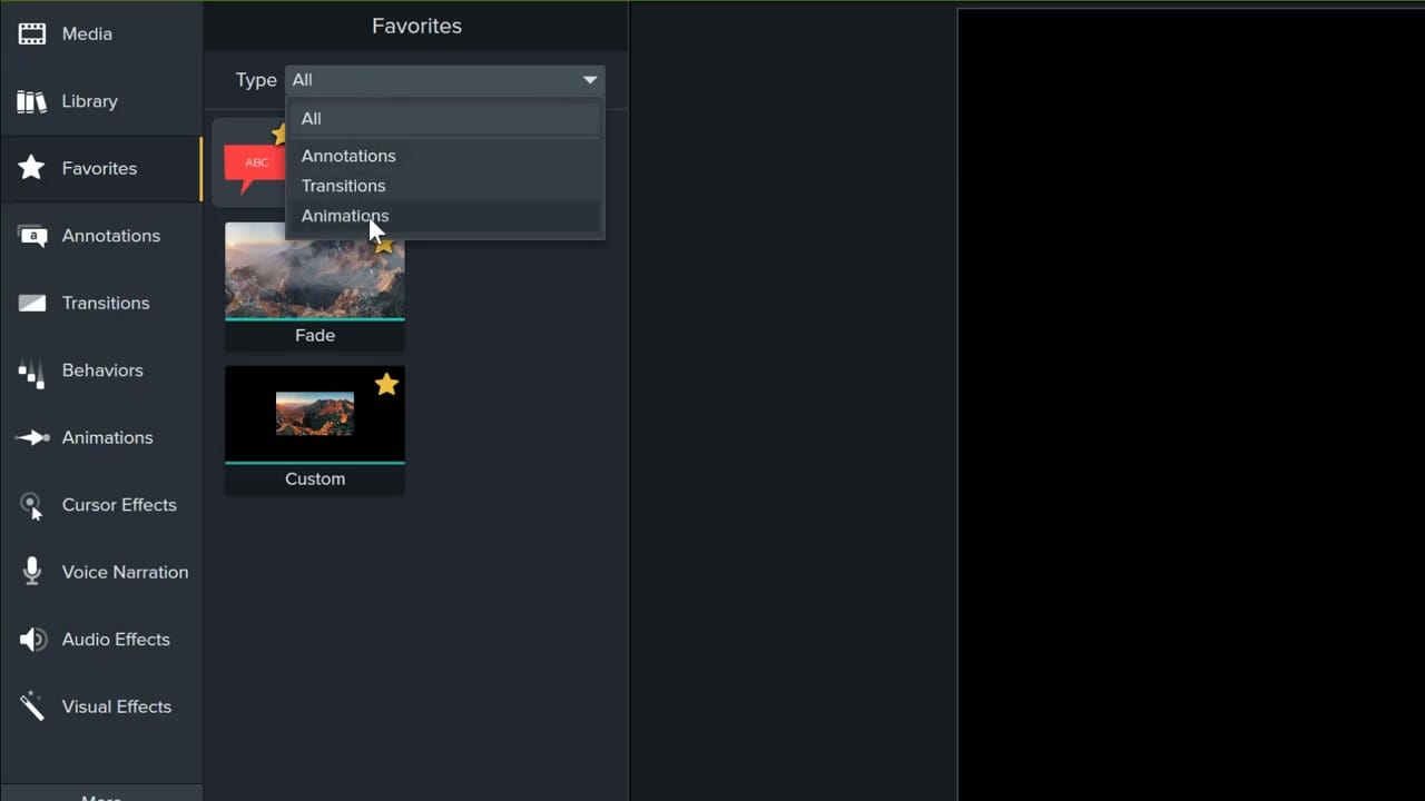 Camtasia Favourites panel showing saved annotations and transitions with the Type filter dropdown expanded
