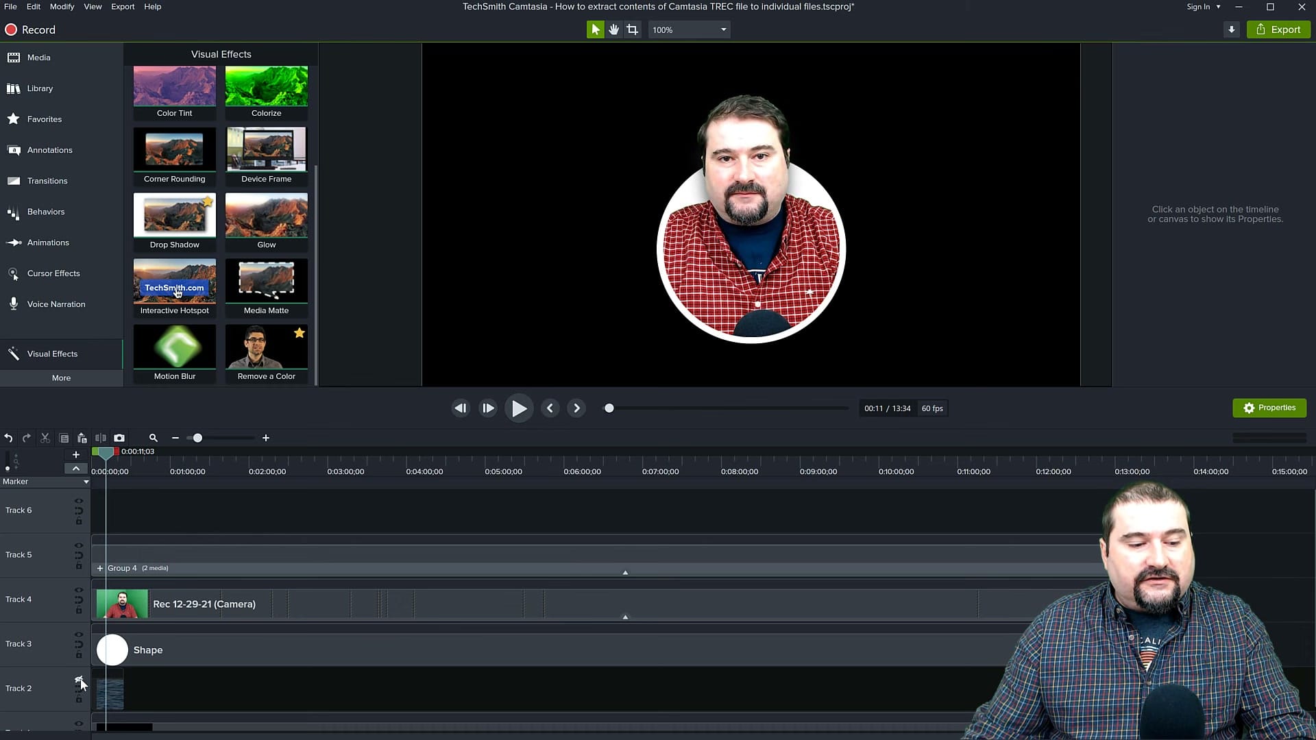 Finished talking head in a circle with border effect in Camtasia showing the presenter cleanly masked
