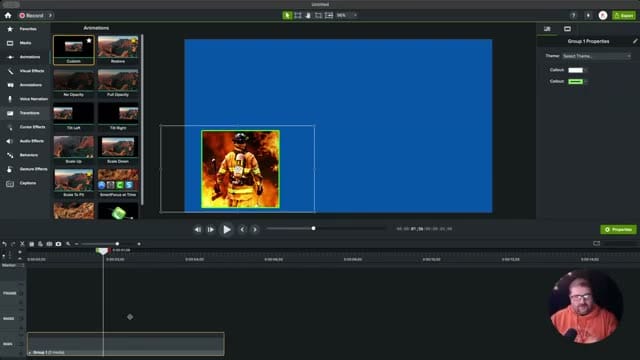 Camtasia timeline showing a grouped object containing the mask, frame, and content as a single movable unit