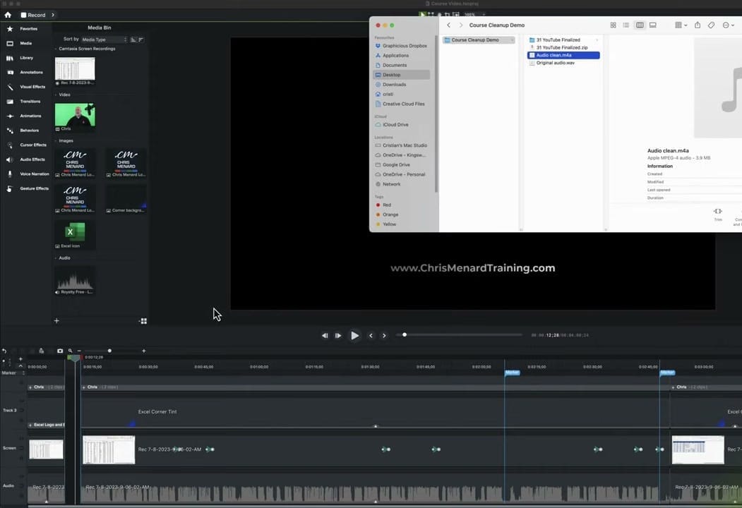 Camtasia timeline with Finder window showing the clean audio file being dragged into the project