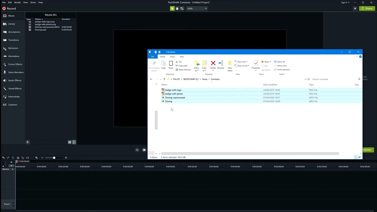 File Explorer showing video and image files being dragged into Camtasia's Media Bin