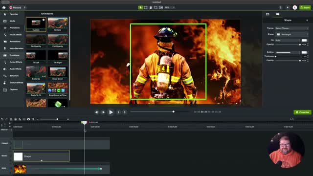 Camtasia canvas showing the masked firefighter image with a green border frame around the mask area