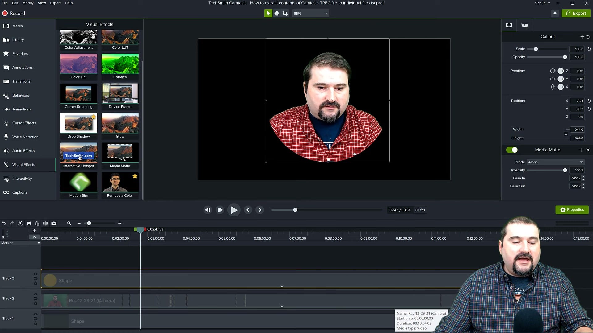 Camtasia Visual Effects panel with Media Matte applied in Alpha mode to create a circular mask on camera footage