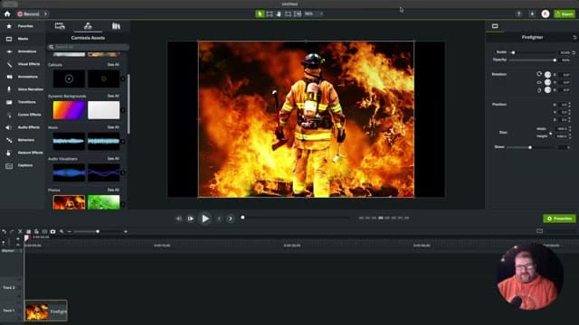 Camtasia canvas with a firefighter image loaded and the Camtasia Assets panel visible on the left