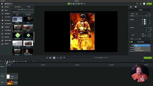 Camtasia Media Matte properties panel showing the Mode dropdown with Alpha, Alpha Invert, Luminosity, and Luminosity Invert options