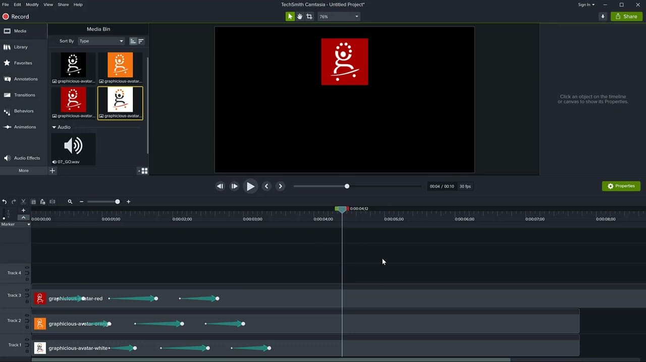 Camtasia timeline with three tracks each containing animated objects