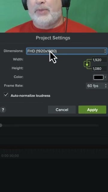 Camtasia Project Settings dialog showing FHD 1920x1080 dimensions