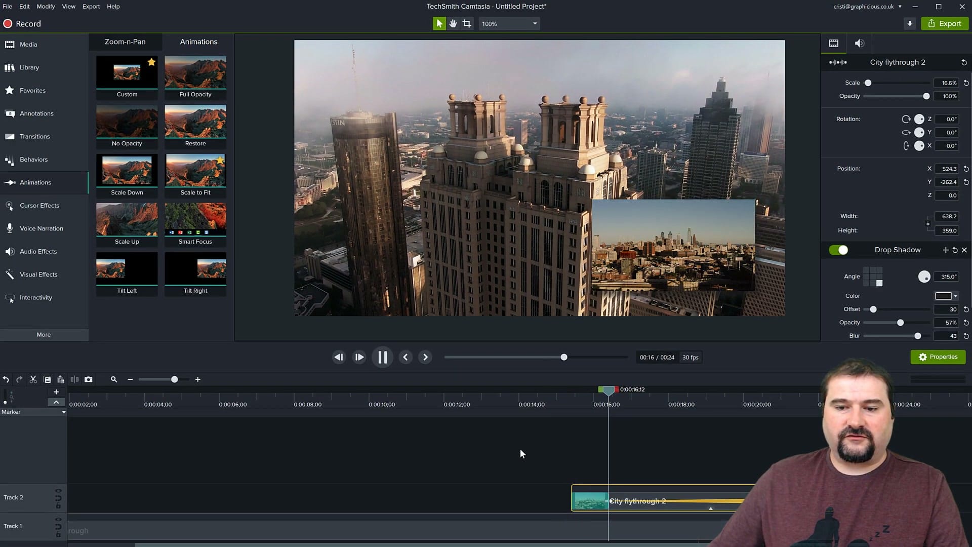The completed Picture in Picture effect with Drop Shadow applied and Animations panel showing zoom and opacity options