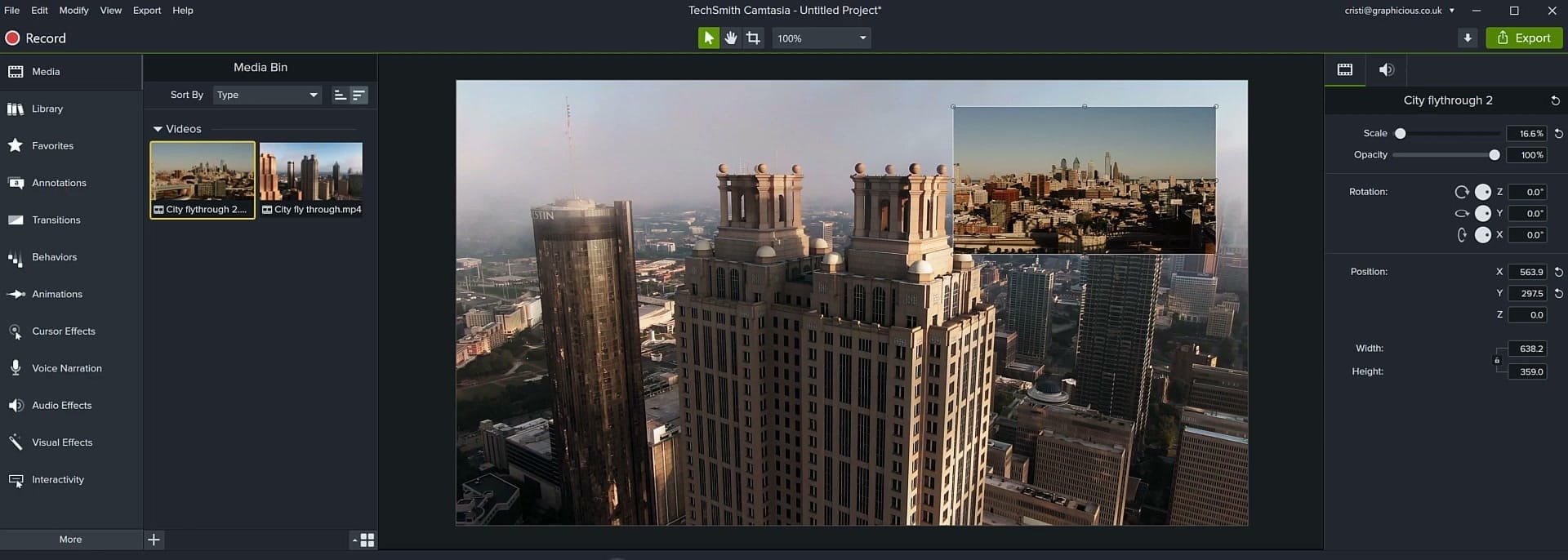 Scaling and positioning the PIP overlay video with Scale, Position, and dimension properties in the Properties panel
