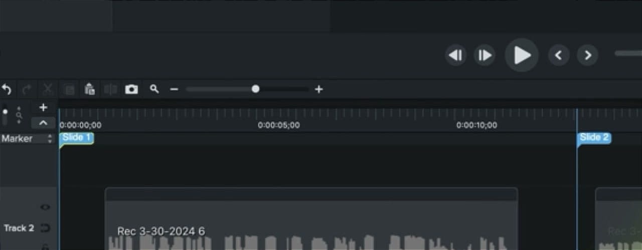 Named markers on the Camtasia timeline showing slide positions