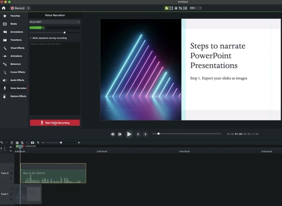 Recording narration in Camtasia with audio waveform visible