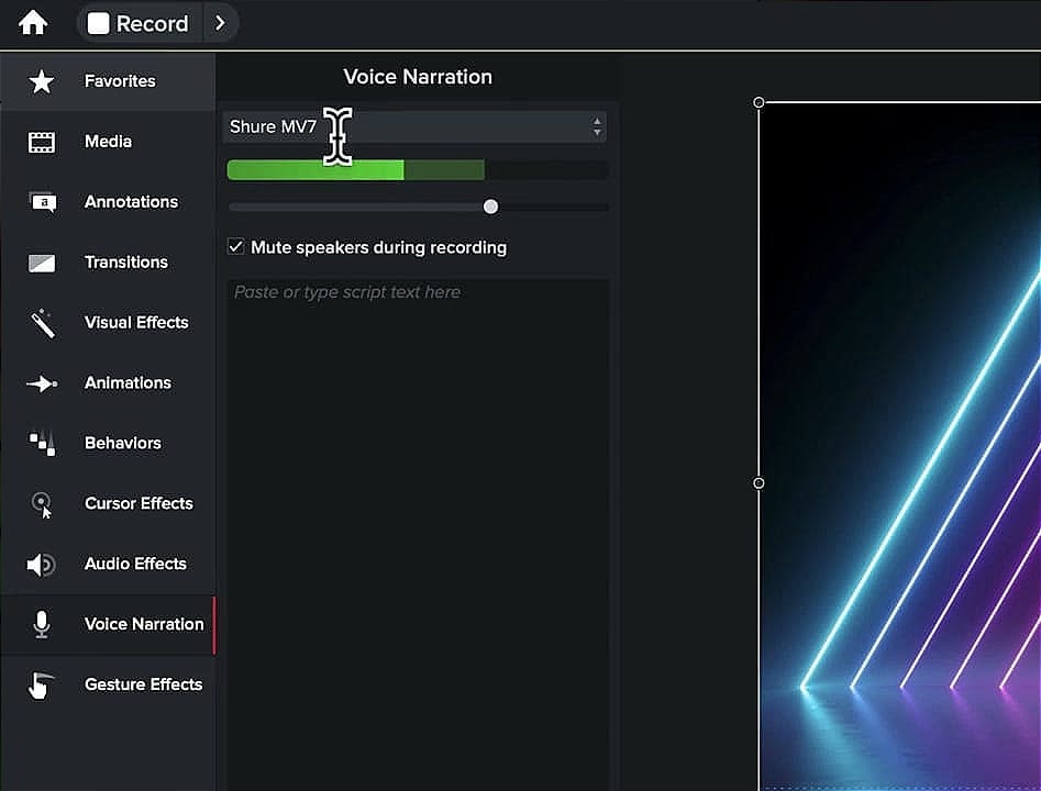 Camtasia voice narration panel in the sidebar