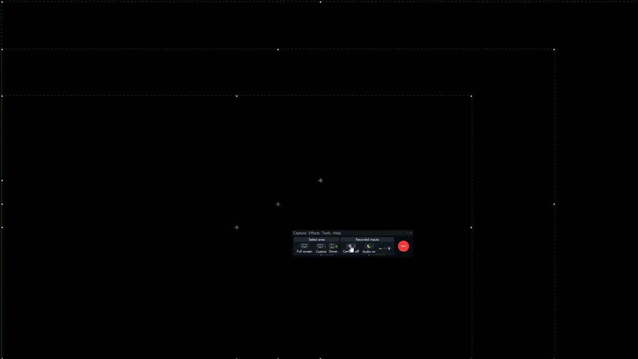 Camtasia recorder panel showing Select area options (Full screen, Custom, Dime) and Recorded inputs