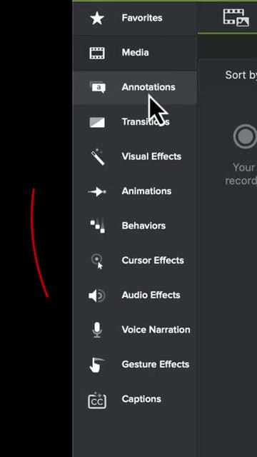 Camtasia sidebar with cursor hovering over a tool ready to drag