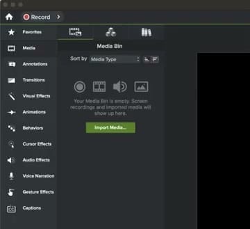 Camtasia 2024 left sidebar showing the default tool order