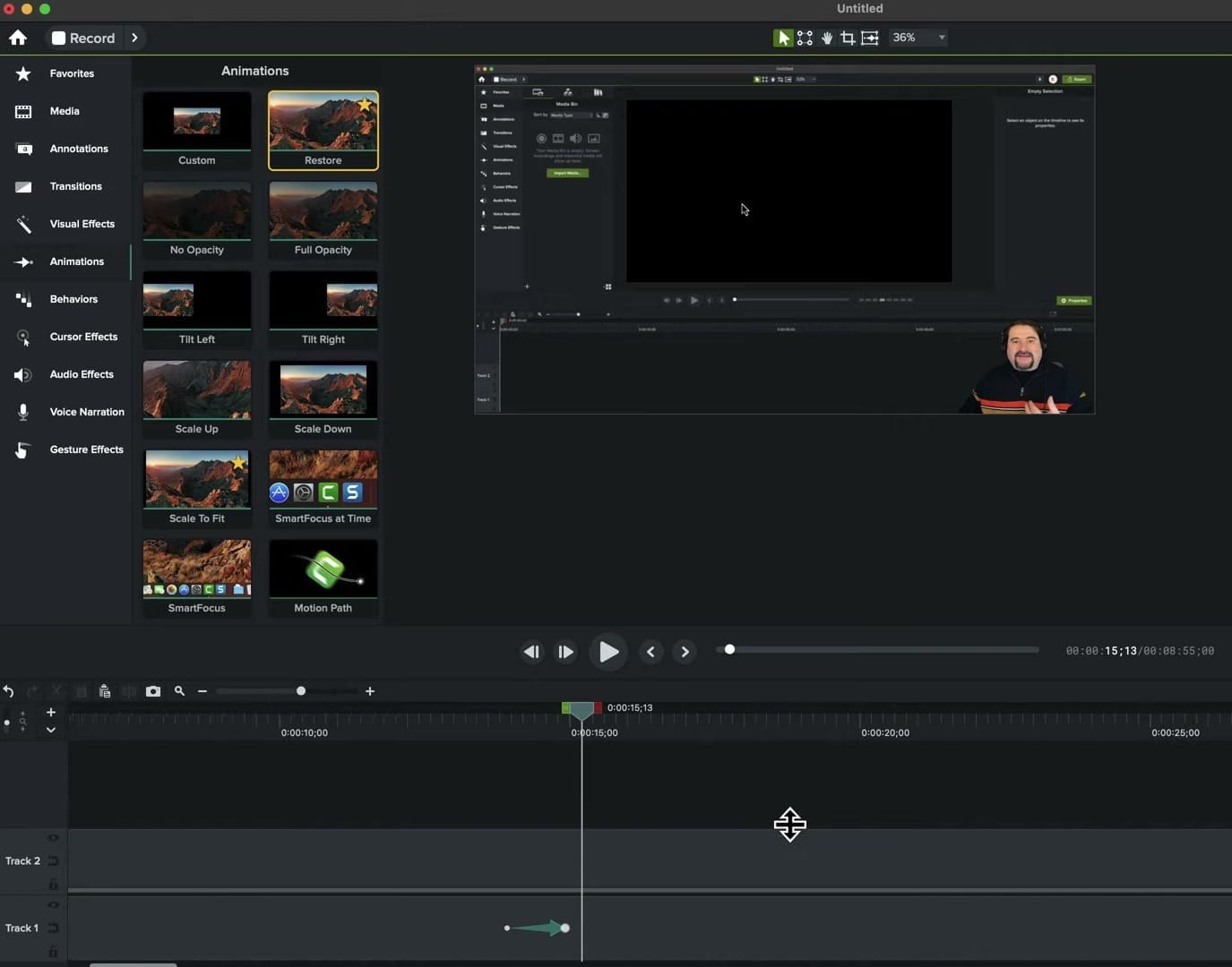 Camtasia Animations panel with Restore animation highlighted, showing the workspace with a video clip and timeline with keyframes