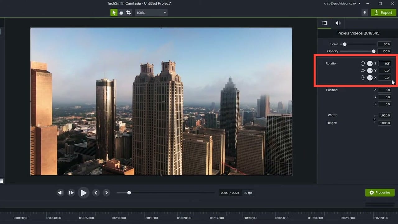 Camtasia Properties panel showing Z rotation set to exactly 90 degrees, with the video rotated a perfect quarter turn