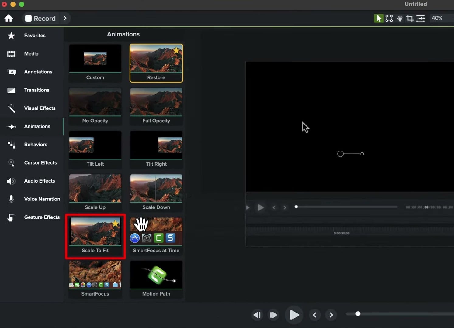 Camtasia Animations panel with Scale to Fit highlighted with a red border, showing all available animation presets