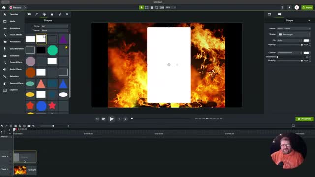 Camtasia Shapes panel open showing various shape options, with a white rectangle placed over the firefighter image