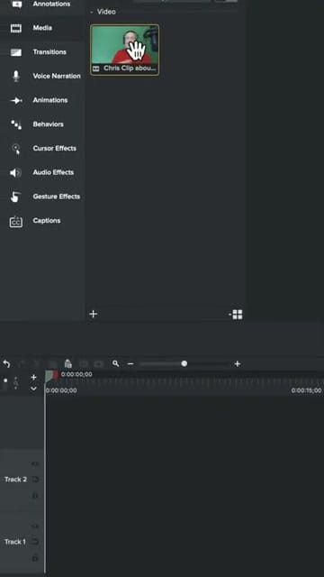 Camtasia workspace with Media Bin showing imported video clip and timeline