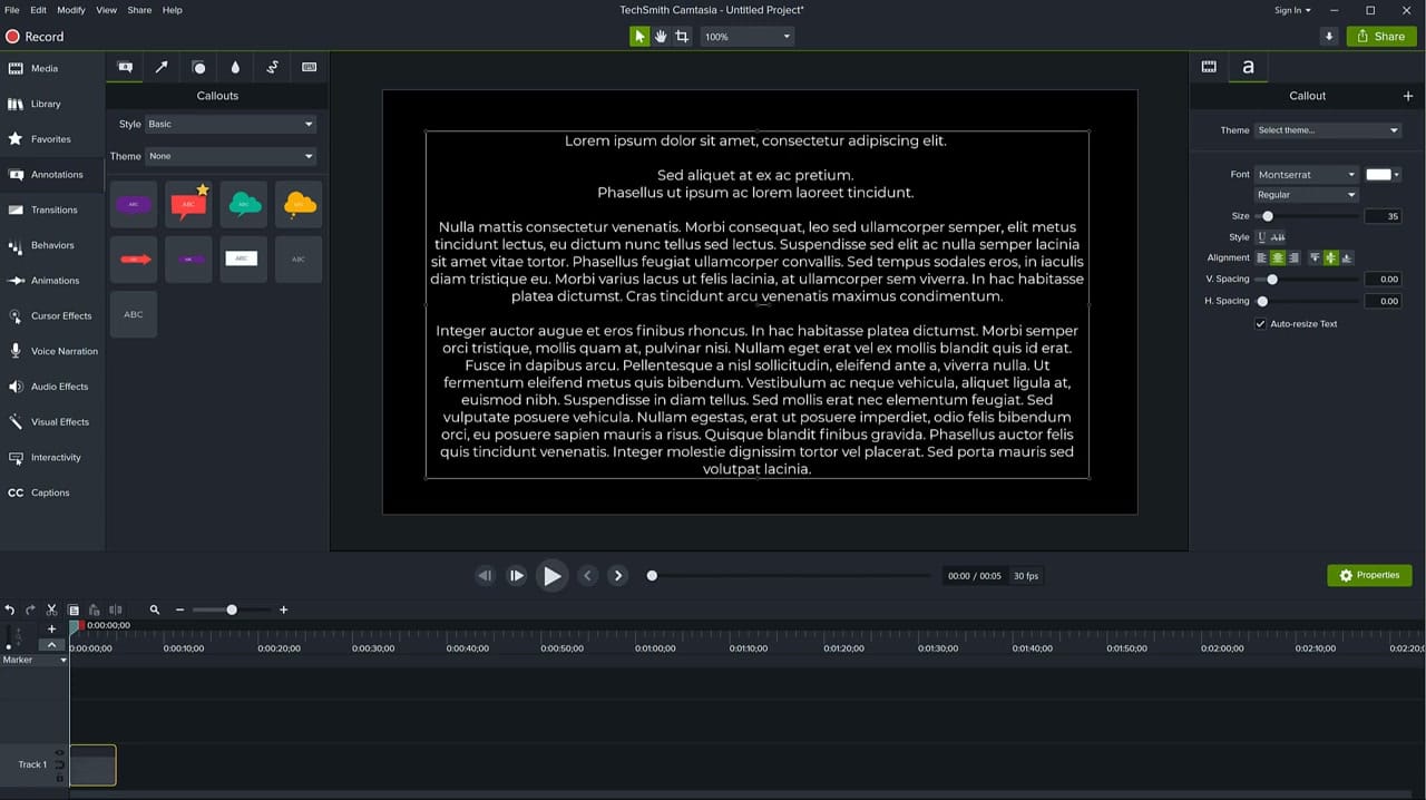 Camtasia canvas showing text callout with credits on black background