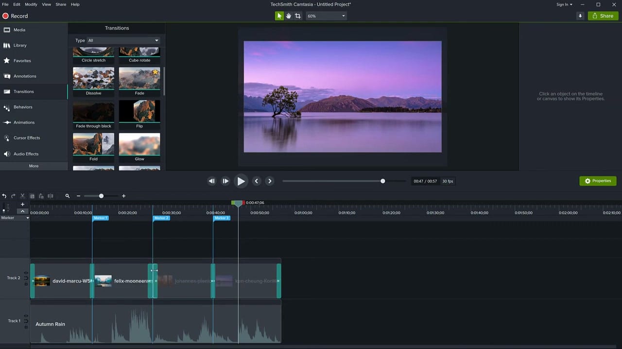 Camtasia timeline showing three green markers placed between clips, with all four clips visible