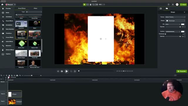 Camtasia Visual Effects panel with Media Matte highlighted among other effects like Glow, Keystroke, and Mask