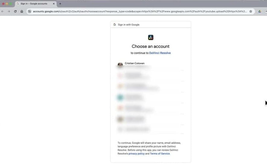 Select the Google account associated with the YouTube channel you want to upload to