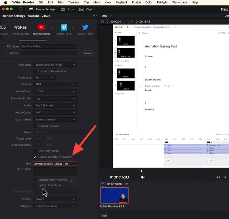 Enter your YouTube title, description, and upload settings directly in DaVinci Resolve
