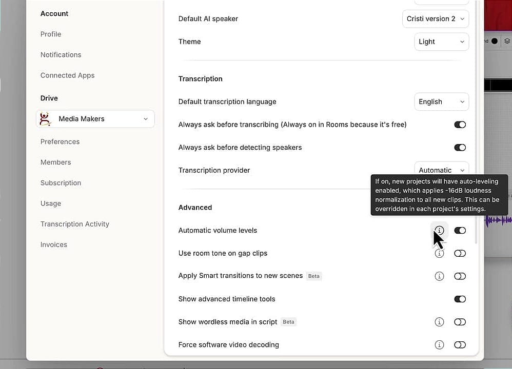 Descript Account Settings showing Automatic volume levels toggle with tooltip explaining -16dB loudness normalization